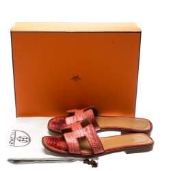 Hermes Pink Croc Leather Oran Flat Sandals Size 37