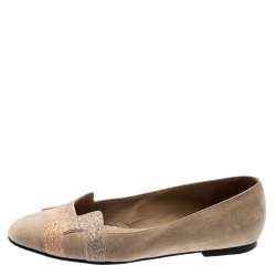 Pre Owned Hermes Beige Suede And Crystal Powder Nice Ballet Flats Size 38
