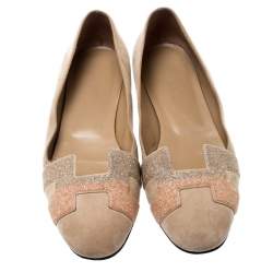 Pre Owned Hermes Beige Suede And Crystal Powder Nice Ballet Flats Size 38