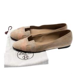Pre Owned Hermes Beige Suede And Crystal Powder Nice Ballet Flats Size 38