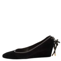 Hermes Black Suede Bow Detail Wedge Pumps Size 39