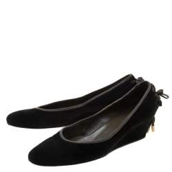 Hermes Black Suede Bow Detail Wedge Pumps Size 39