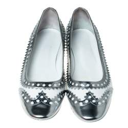 Hermès Silver/White Brogue Leather Ballet Flats Size 41