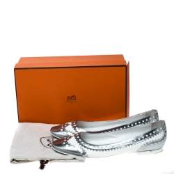 Hermès Silver/White Brogue Leather Ballet Flats Size 41