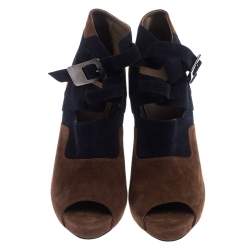 Hermes Blue/Brown Suede Double Ankle Strap Open Toe Booties Size 40