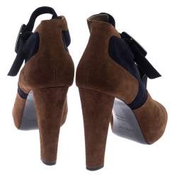 Hermes Blue/Brown Suede Double Ankle Strap Open Toe Booties Size 40