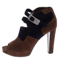 Hermes Blue/Brown Suede Double Ankle Strap Open Toe Booties Size 40
