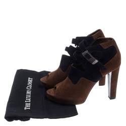 Hermes Blue/Brown Suede Double Ankle Strap Open Toe Booties Size 40