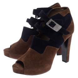 Hermes Blue/Brown Suede Double Ankle Strap Open Toe Booties Size 40
