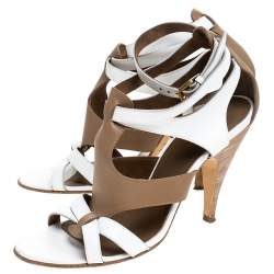 Pre Owned Hermes White/Brown Leather Strappy Open Toe Sandals Size 38