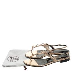 Hermes Metallic Rose Gold Leather Ankle Strap Thong Flats Size 40