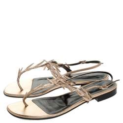 Hermes Metallic Rose Gold Leather Ankle Strap Thong Flats Size 40