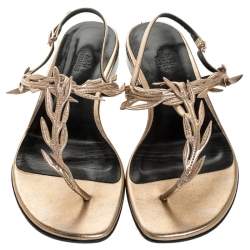 Hermes Metallic Rose Gold Leather Ankle Strap Thong Flats Size 40