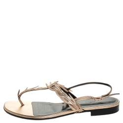 Hermes Metallic Rose Gold Leather Ankle Strap Thong Flats Size 40