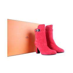 Pre Owned Hermes Red Suede Leather Joueuse Ankle Boots Size 35