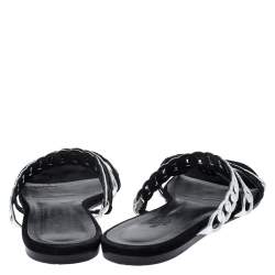 Pre Owned Hermes Metallic Silver Leather And Black Suede Chaine D'ancre Flat Sandals Size 40
