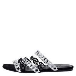 Pre Owned Hermes Metallic Silver Leather And Black Suede Chaine D'ancre Flat Sandals Size 40