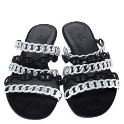 Pre Owned Hermes Metallic Silver Leather And Black Suede Chaine D'ancre Flat Sandals Size 40