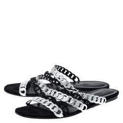 Pre Owned Hermes Metallic Silver Leather And Black Suede Chaine D'ancre Flat Sandals Size 40