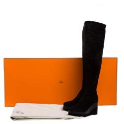 Pre Owned حذاء بوت فوق الركبه هيرمس نعل سميك كعب روكي سويدي و جلد أسود مقاس 37