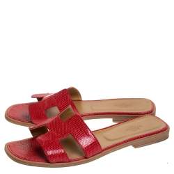 Hermes Red Lizard Oran Slide Flats Size 40