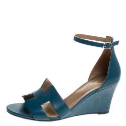Hermes Teal Leather Legend Wedge Ankle Strap Sandals Size 40