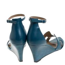 Hermes Teal Leather Legend Wedge Ankle Strap Sandals Size 40
