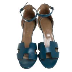 Hermes Teal Leather Legend Wedge Ankle Strap Sandals Size 40