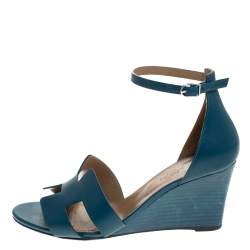 Hermes Teal Leather Legend Wedge Ankle Strap Sandals Size 40