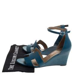 Hermes Teal Leather Legend Wedge Ankle Strap Sandals Size 40