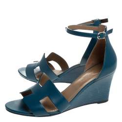 Hermes Teal Leather Legend Wedge Ankle Strap Sandals Size 40