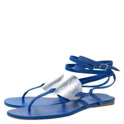 Pre Owned Hermes Electric Blue Suede Wrap Up Thong Flats Sandals Size 40