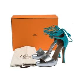 Pre Owned Hermes Turquoise/Silver Brogue Suede and Patent Leather Ankle Wrap Sandals Size 38