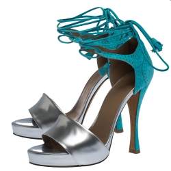 Pre Owned Hermes Turquoise/Silver Brogue Suede and Patent Leather Ankle Wrap Sandals Size 38
