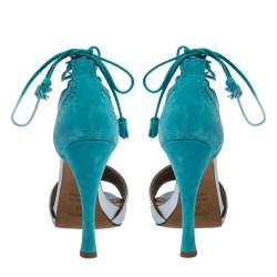 Pre Owned Hermes Turquoise/Silver Brogue Suede and Patent Leather Ankle Wrap Sandals Size 38