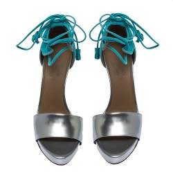 Pre Owned Hermes Turquoise/Silver Brogue Suede and Patent Leather Ankle Wrap Sandals Size 38