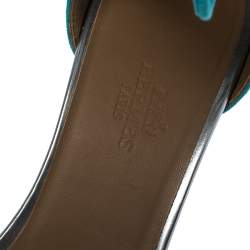 Pre Owned Hermes Turquoise/Silver Brogue Suede and Patent Leather Ankle Wrap Sandals Size 38
