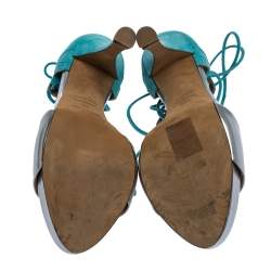 Pre Owned Hermes Turquoise/Silver Brogue Suede and Patent Leather Ankle Wrap Sandals Size 38