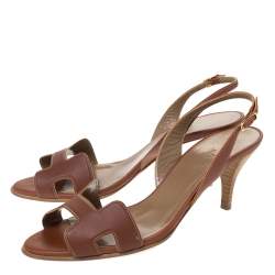 Pre Owned Hermes Brown Leather Night Slingback Sandals Size 37.5