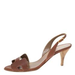 Pre Owned Hermes Brown Leather Night Slingback Sandals Size 37.5