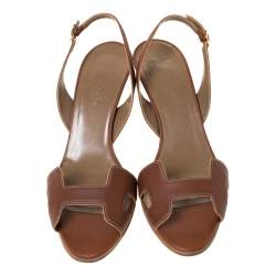 Pre Owned Hermes Brown Leather Night Slingback Sandals Size 37.5