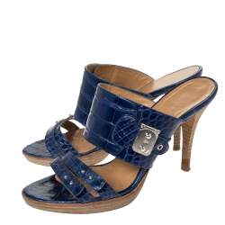 Hermes Blue Alligator Leather Slide Sandals Size 38.5