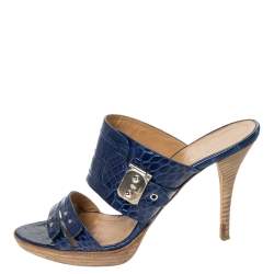 Hermes Blue Alligator Leather Slide Sandals Size 38.5