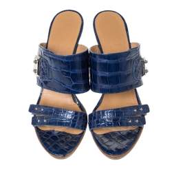 Hermes Blue Alligator Leather Slide Sandals Size 38.5