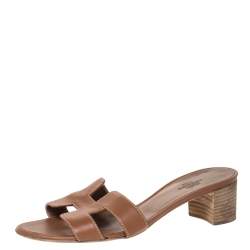 Hermes Brown Leather Oasis Slides Size 35