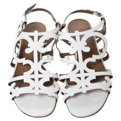 Pre Owned Hermes White Leather Karlotta Cut Out Flat Sandals Size 36