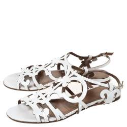 Pre Owned Hermes White Leather Karlotta Cut Out Flat Sandals Size 36