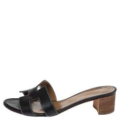 Hermes Black Leather Oasis Slide Sandals Size 39
