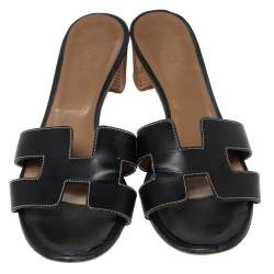 Hermes Black Leather Oasis Slide Sandals Size 39