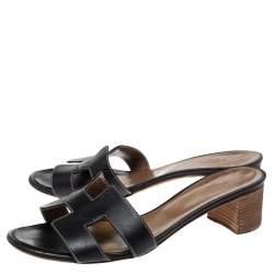 Hermes Black Leather Oasis Slide Sandals Size 39